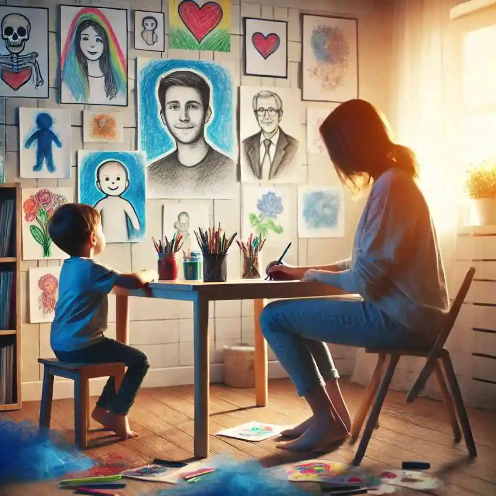 Child and parent drawing pictures of a lost family member.