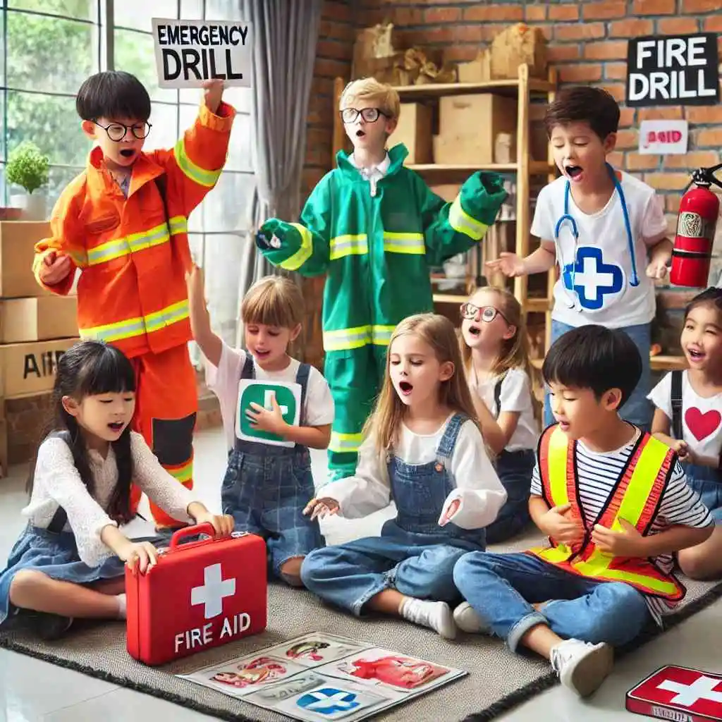 Children role-playing emergency drills