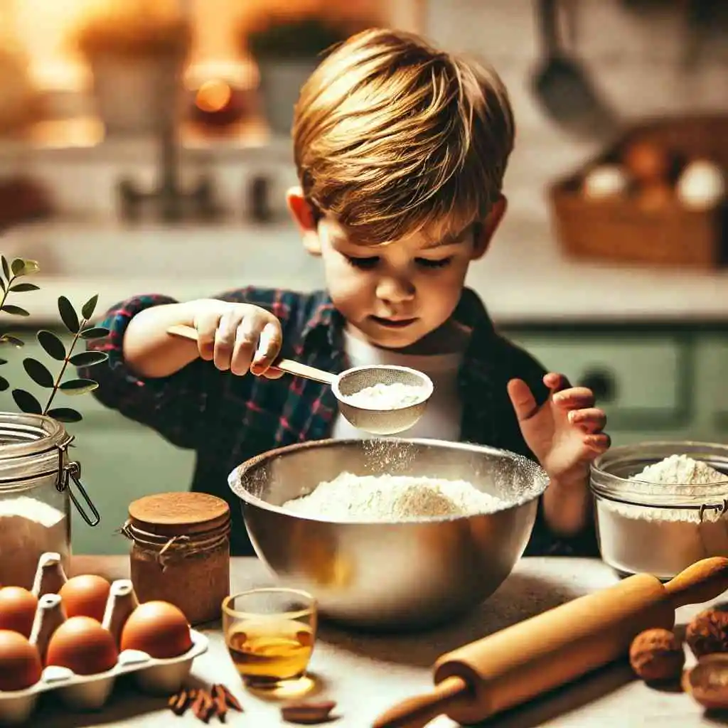 Child measuring flour in a cozy kitchen with various ingredients