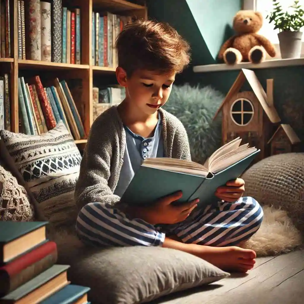 Child reading a chapter book in a cozy reading nook