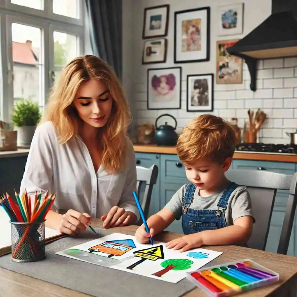 Mother and child drawing safety-related pictures together.