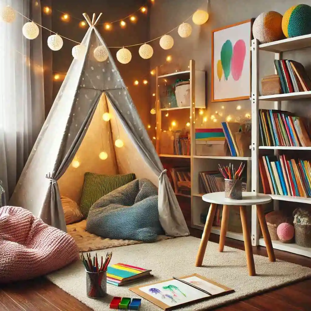 Playful reading nook with tent, bean bags, and books