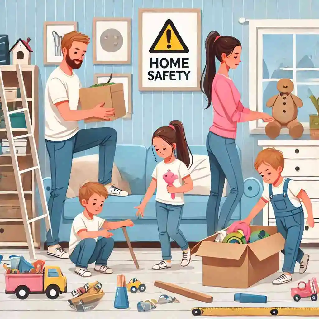 Family organizing living room for home safety