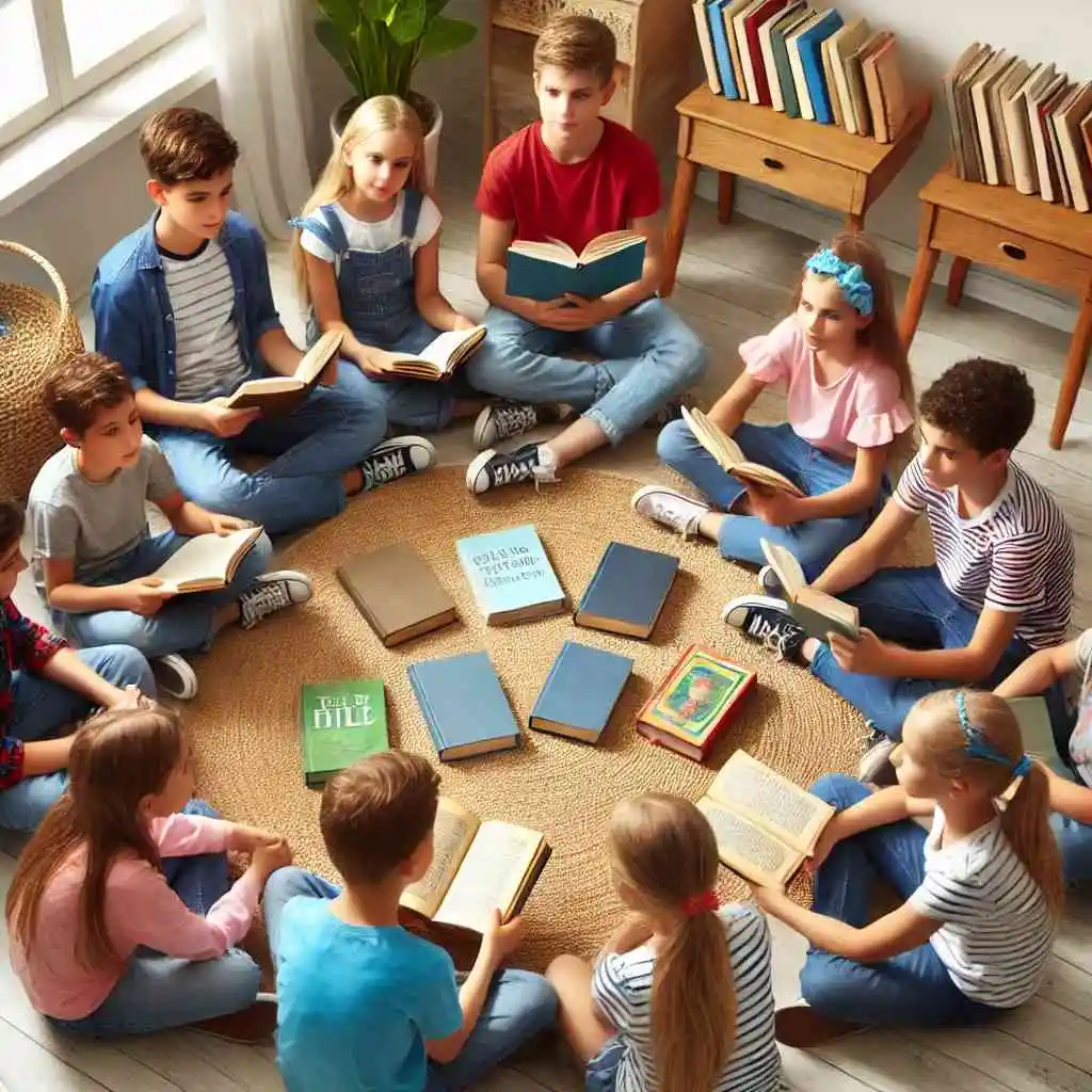 Group of children discussing their favorite books