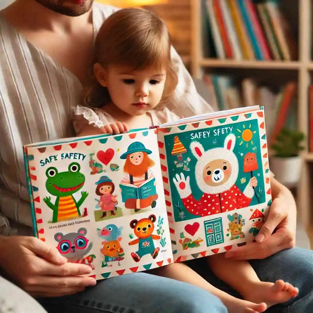 Parent reading a colorful book to a child in a cozy nook