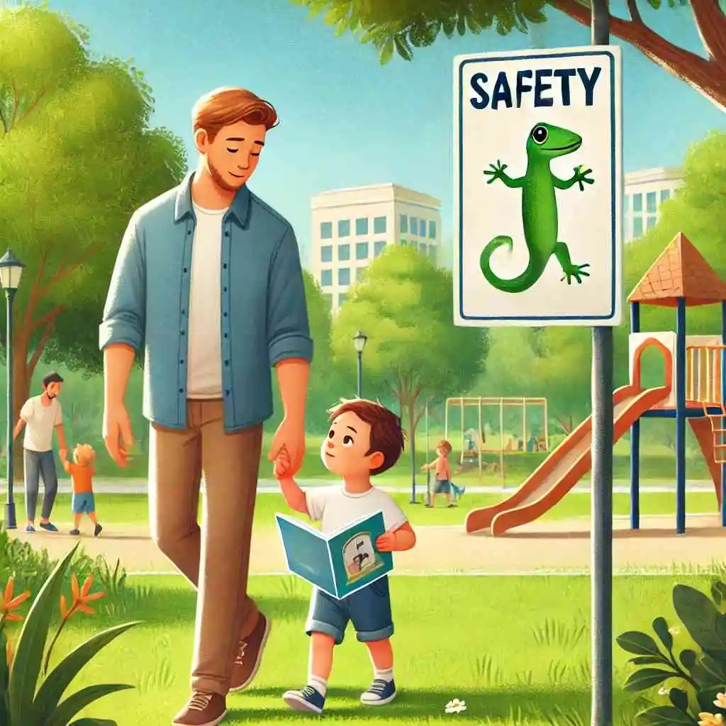 Father and child walking through a park discussing safety tips.