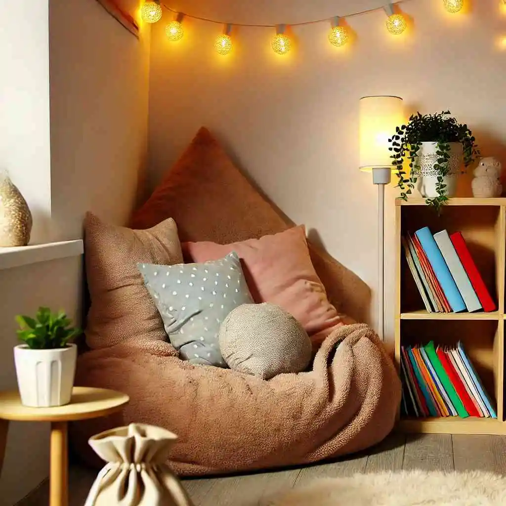 Reading nook with oversized cushion and low bookshelf