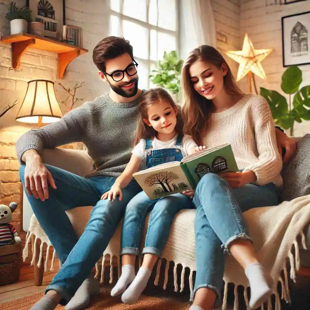 Family reading safety-themed book in cozy nook