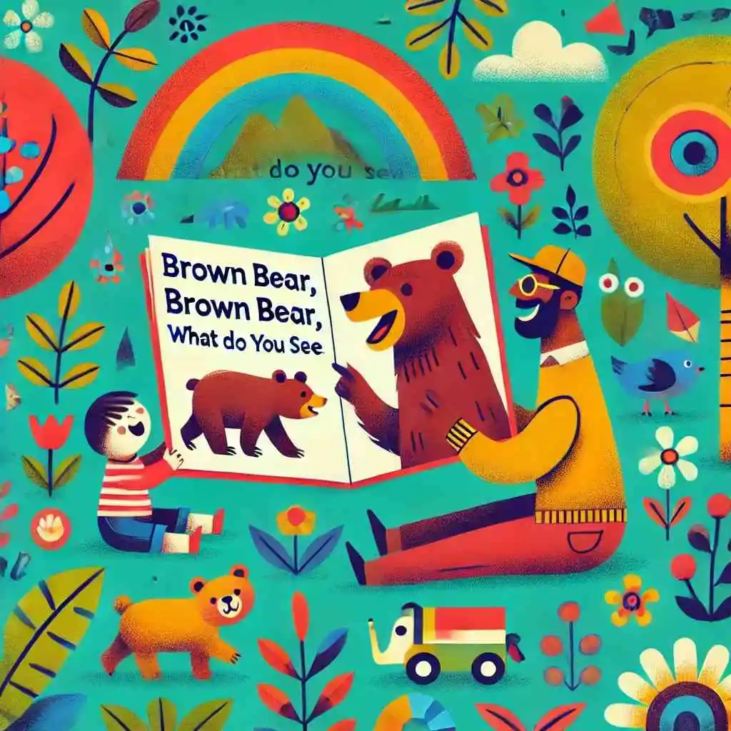 Parent and child reading "Brown Bear, Brown Bear, What Do You See?" together.