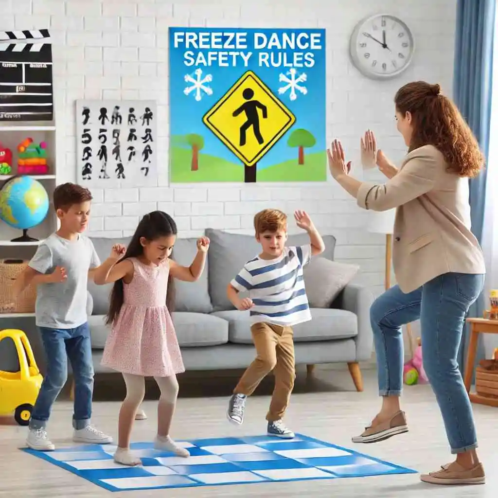 Family playing Freeze Dance Safety Game in a bright living room.