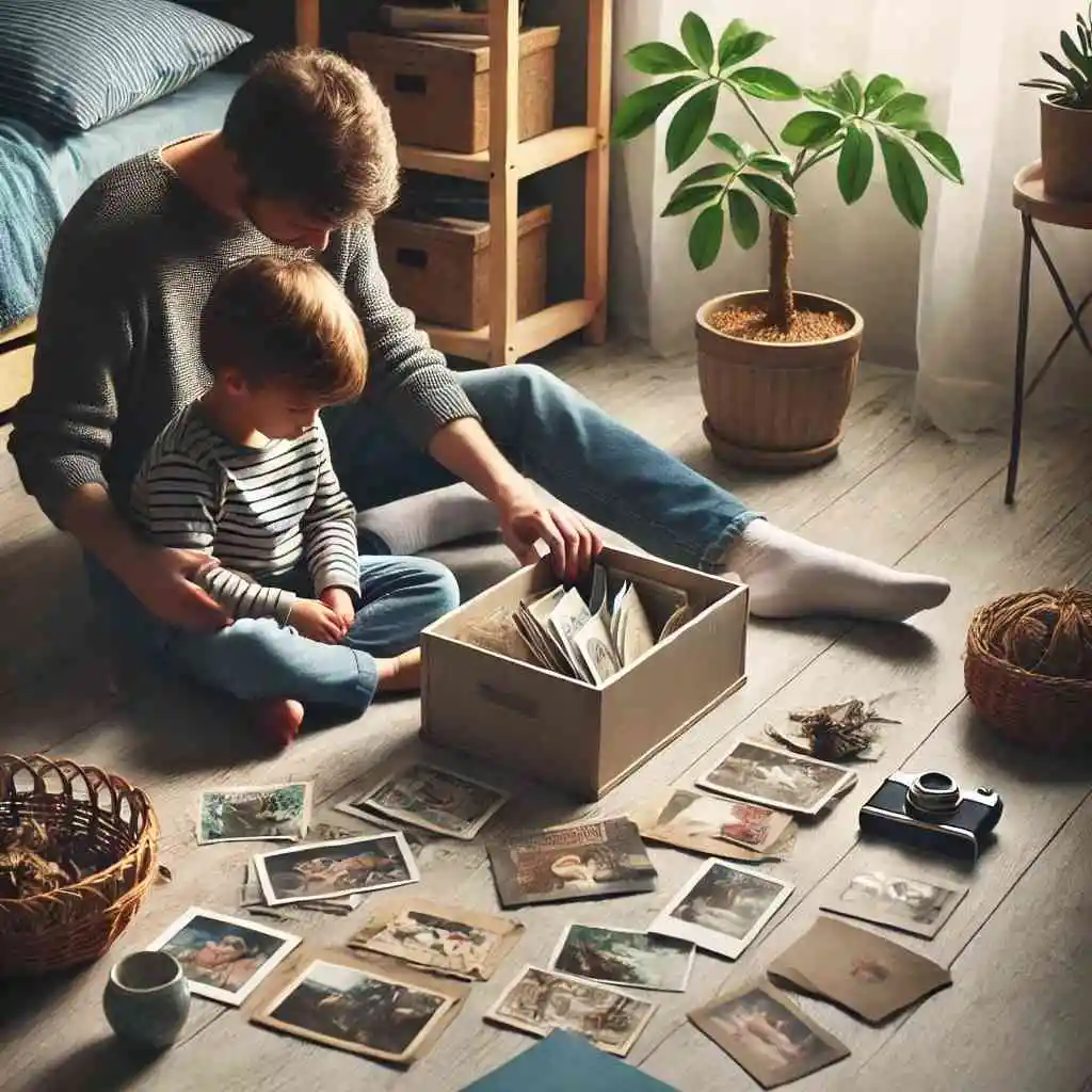 Child and parent creating a memory box together.