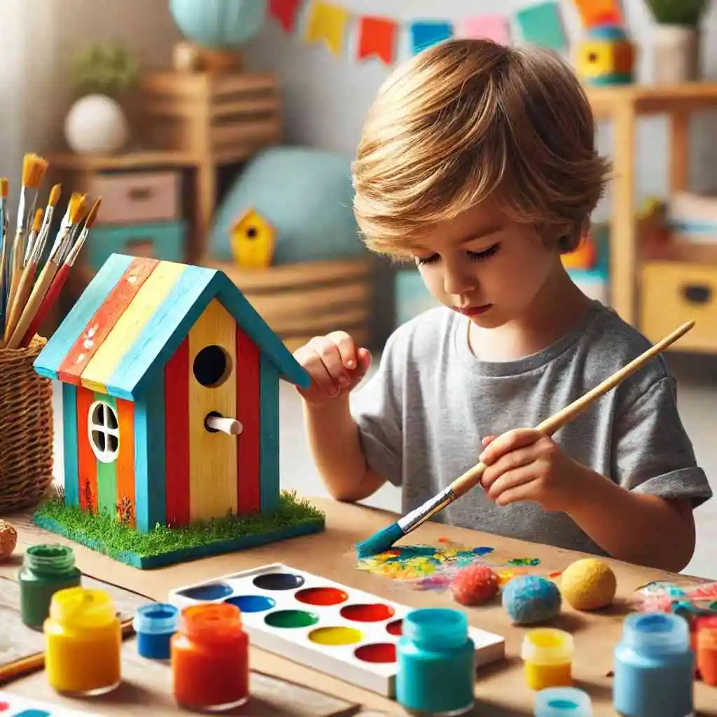 Child crafting a colorful birdhouse with paint and brushes