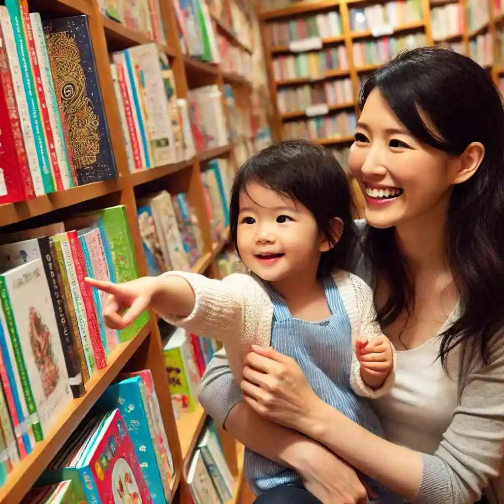 Parent and child exploring books in a bookstore