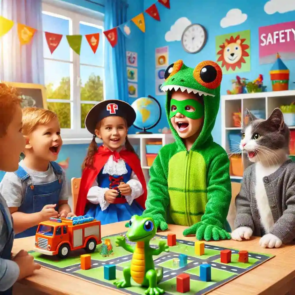 Children role-playing safety lessons in a colorful classroom