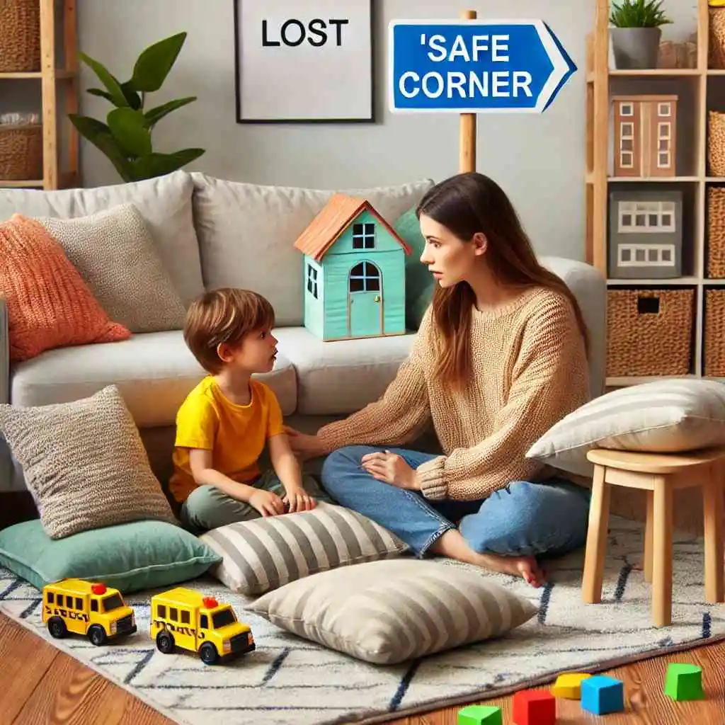 Parent and child role-playing a lost scenario in a cozy living room.