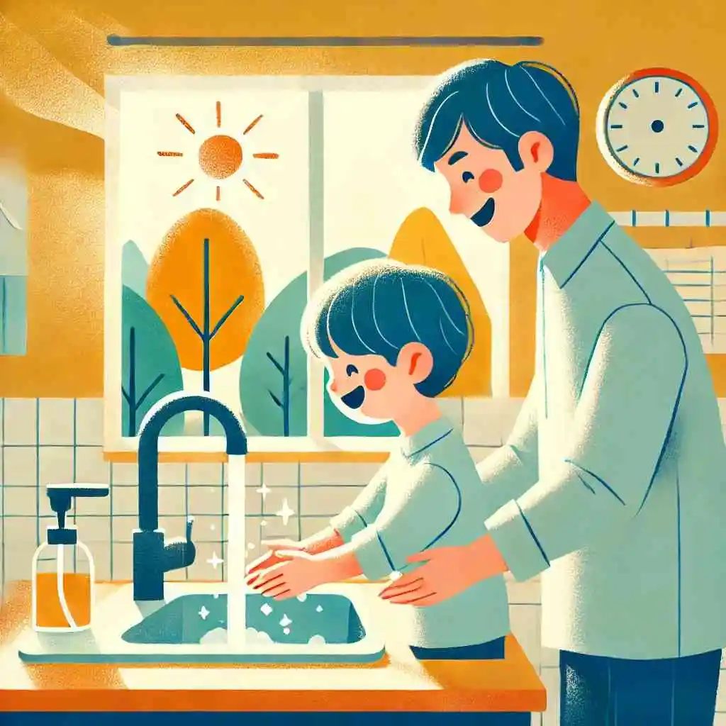 Child washing hands at the sink in a sunny morning routine scene.