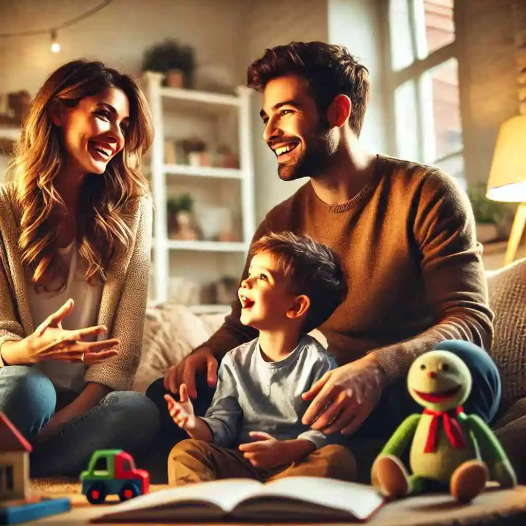 A cheerful family sitting together in a cozy living room, actively listening to their child.