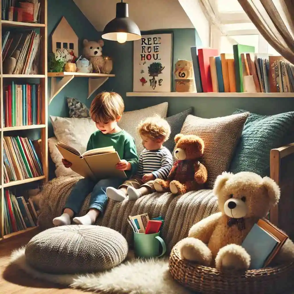 Cozy reading nook for children with soft pillows and stuffed animals