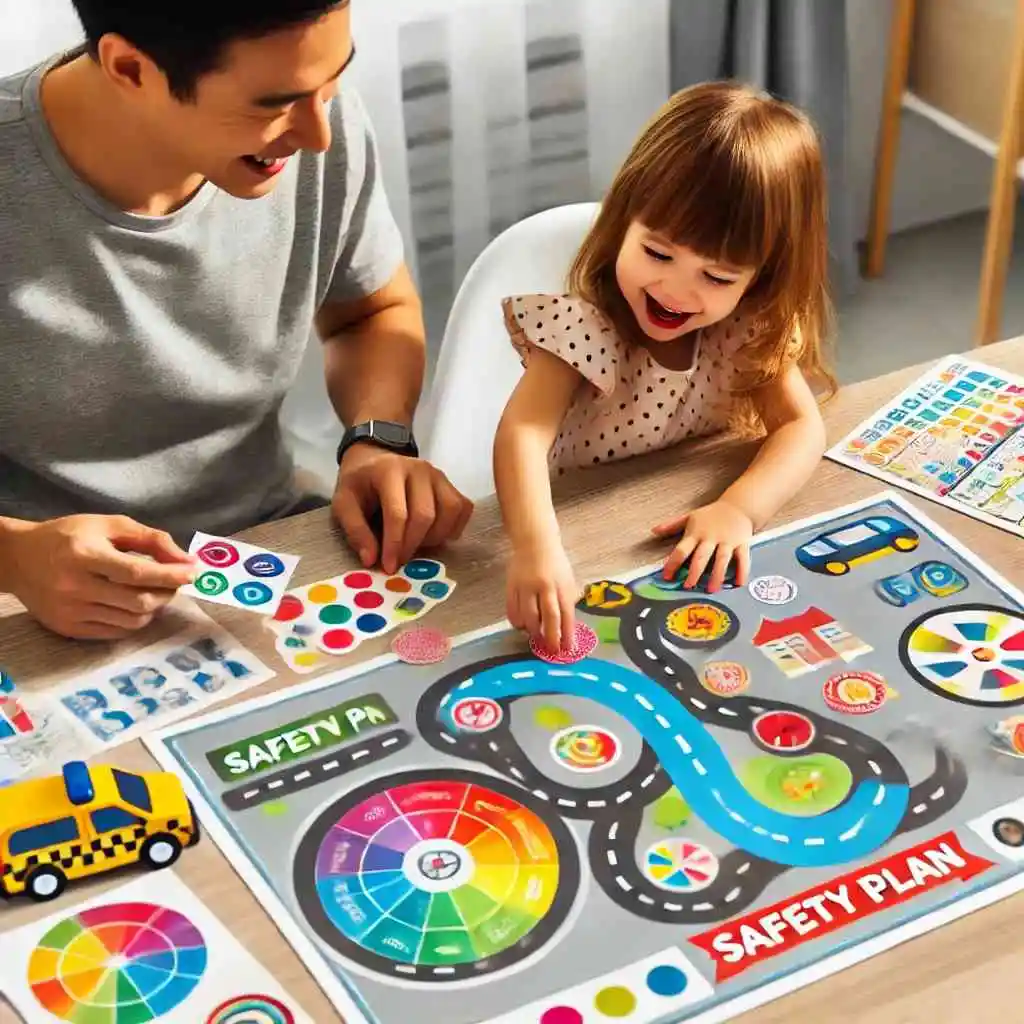 Parent and child crafting a colorful safety plan together