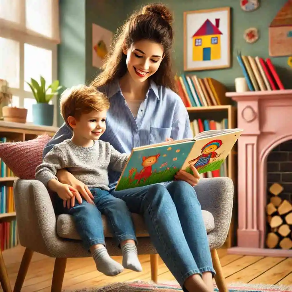 Parent reading a storybook to a young child in a cozy room