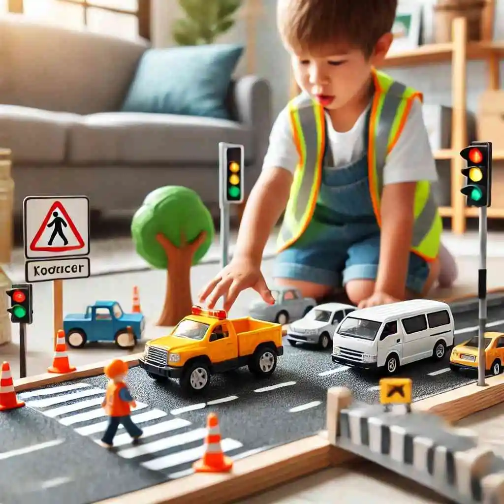 Child playing with a toy car on a mini traffic scene