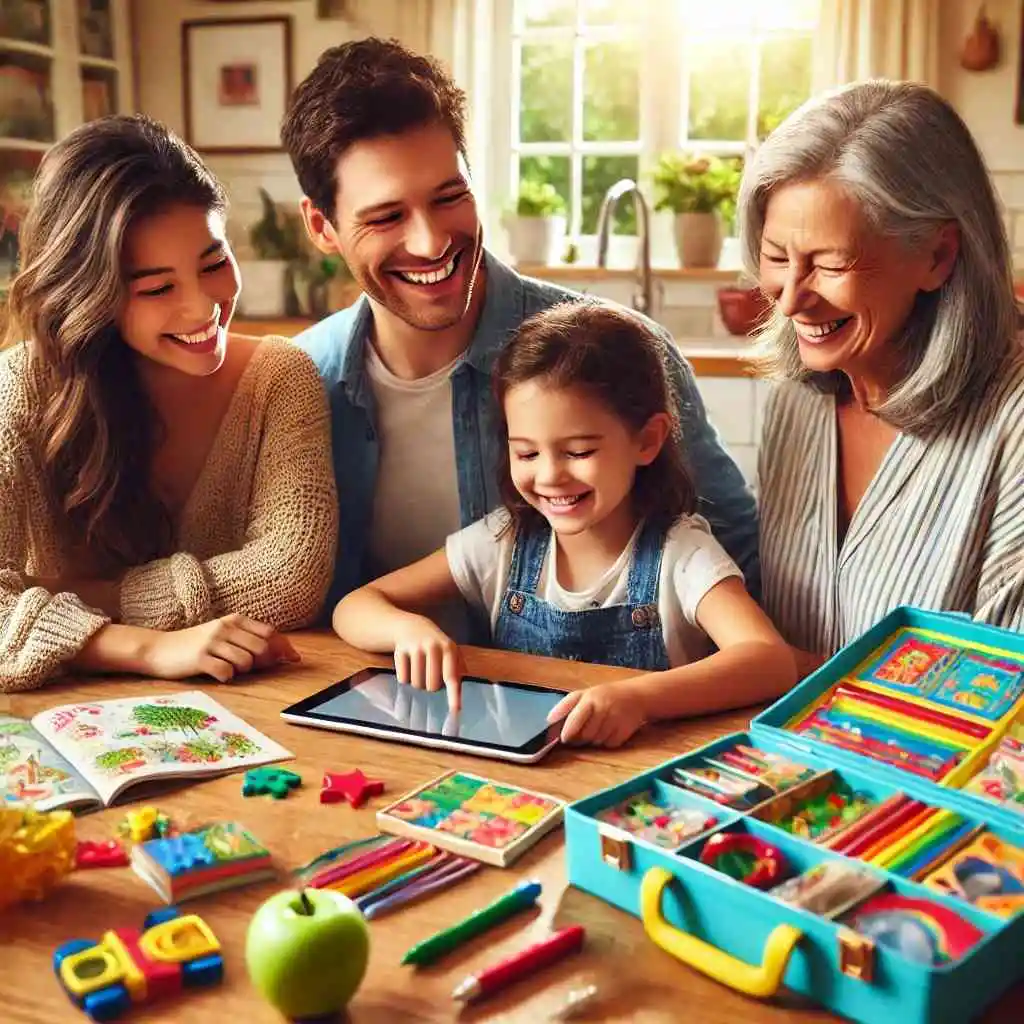 Happy family engaging with educational toolkit at kitchen table.