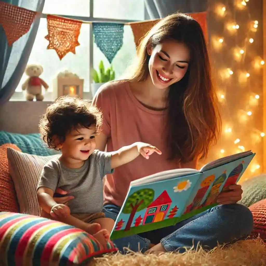 Parent reading storybook with child in cozy nook