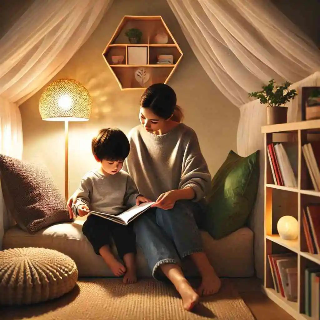 A child and parent reading a book together in a cozy corner with soft cushions and gentle lighting.