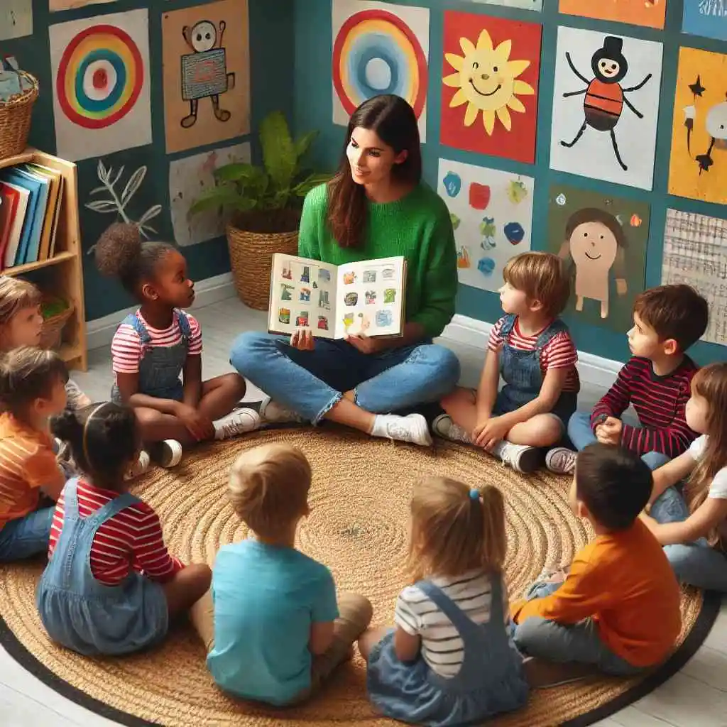 Diverse children listening to a story in a colorful classroom