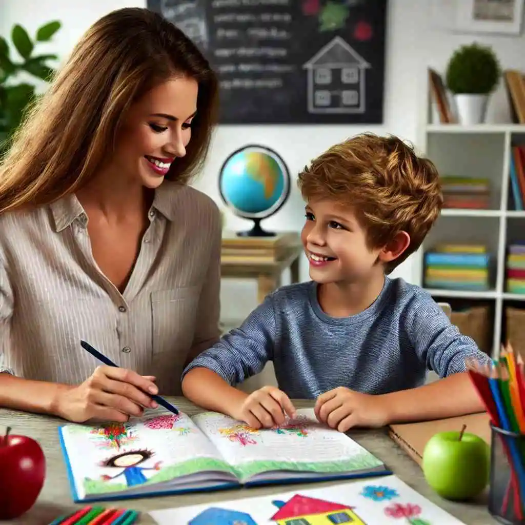 Parent discussing a book with a school-aged child at a colorful table