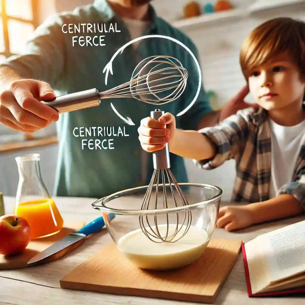 Child using kitchen utensils like a whisk to learn science concepts