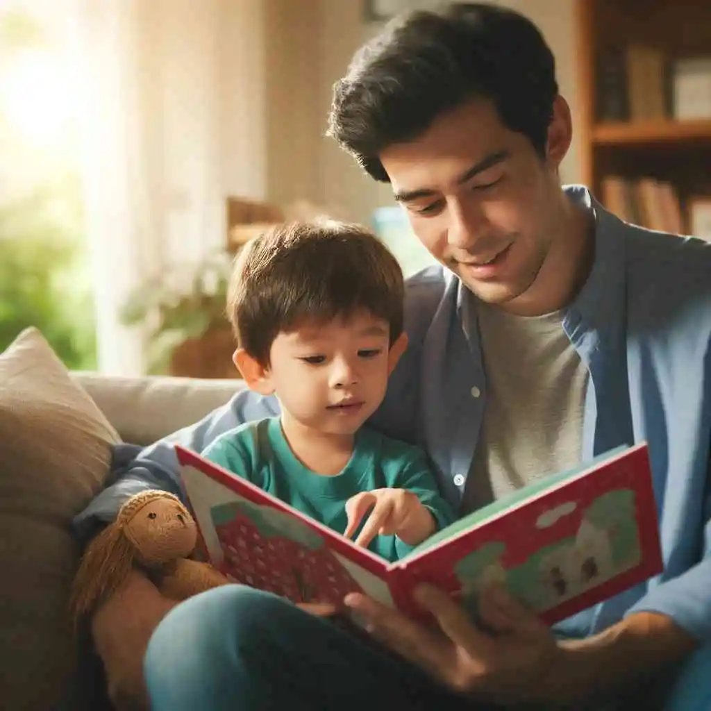 Parent and child reading a colorful children's book on a cozy couch.