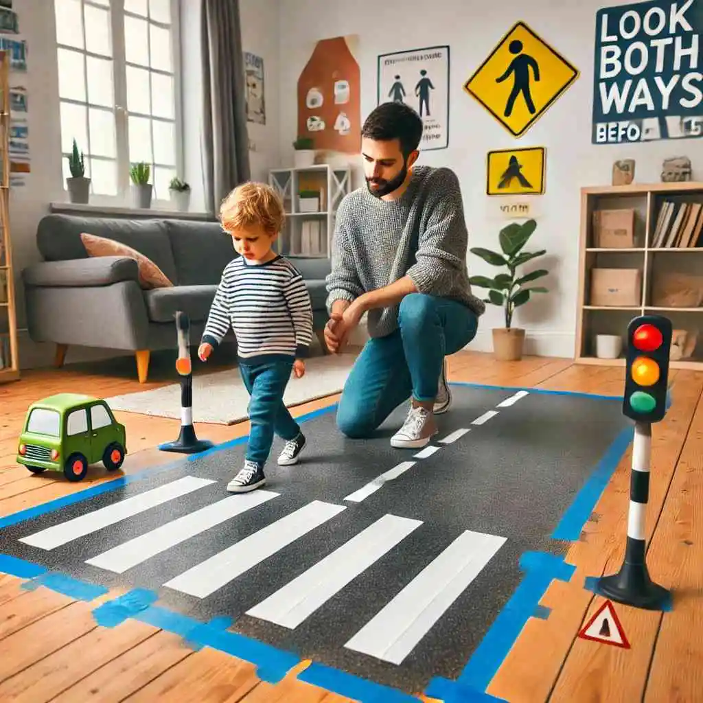 Child and parent crossing a pretend street in their living room.