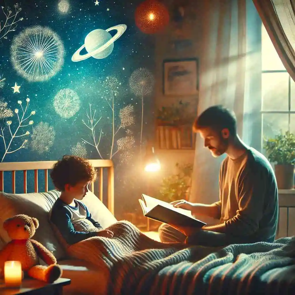 Child in bed, parent reading a bedtime story in a cozy setting.