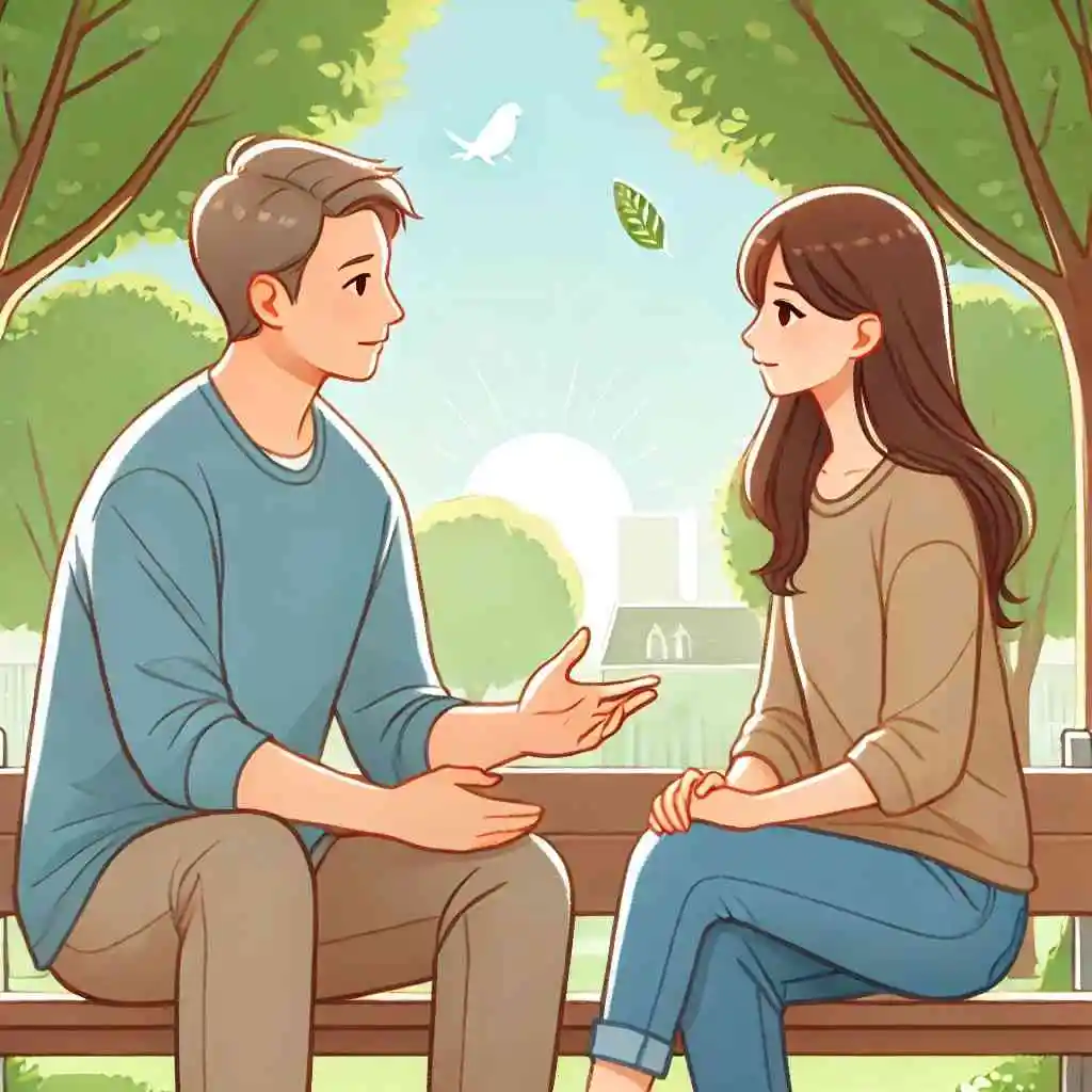 A parent and child sitting on a bench outside, engaging in a heartfelt conversation in a sunny park.