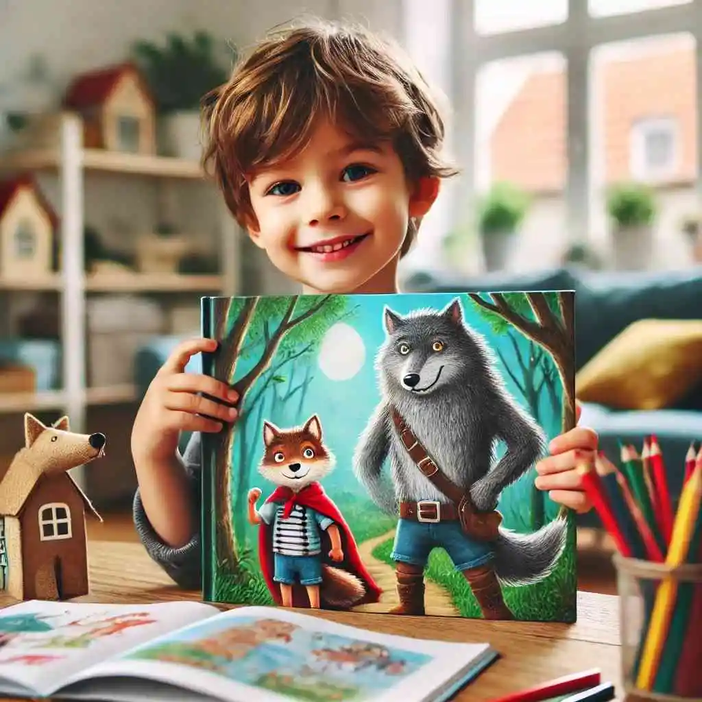 Child holding a storybook with a brave animal character