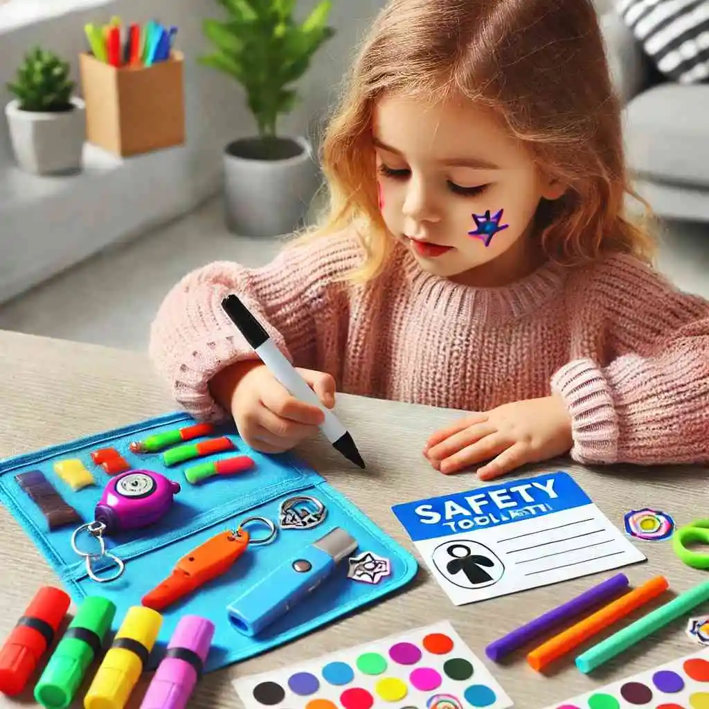 Child decorating a personal safety toolkit