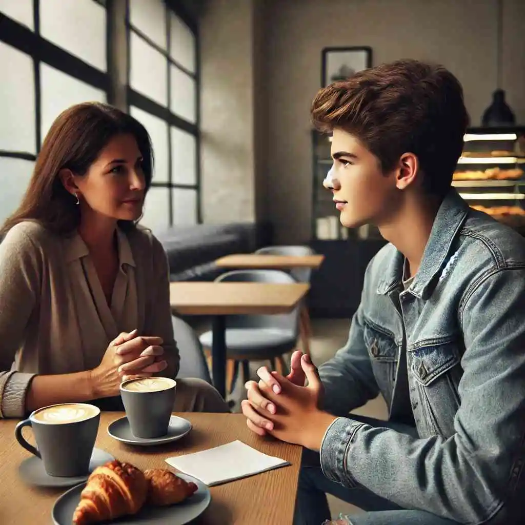 Teenager and parent having a deep conversation in a quiet café