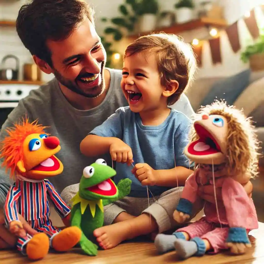 Parent and child engaging in a puppet show at home