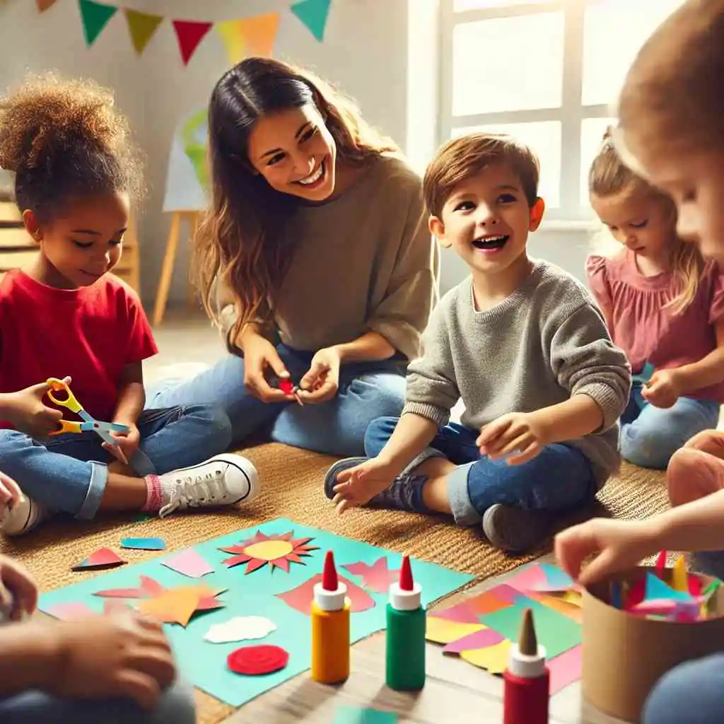 Group of children enjoying a craft activity with scissors and colorful paper.