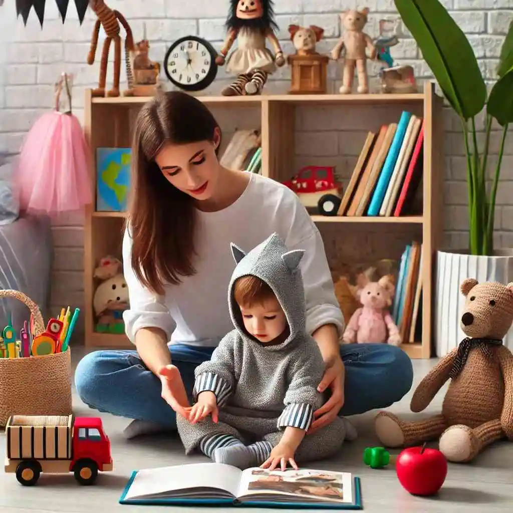 Parent and child acting out a story with toys and costumes