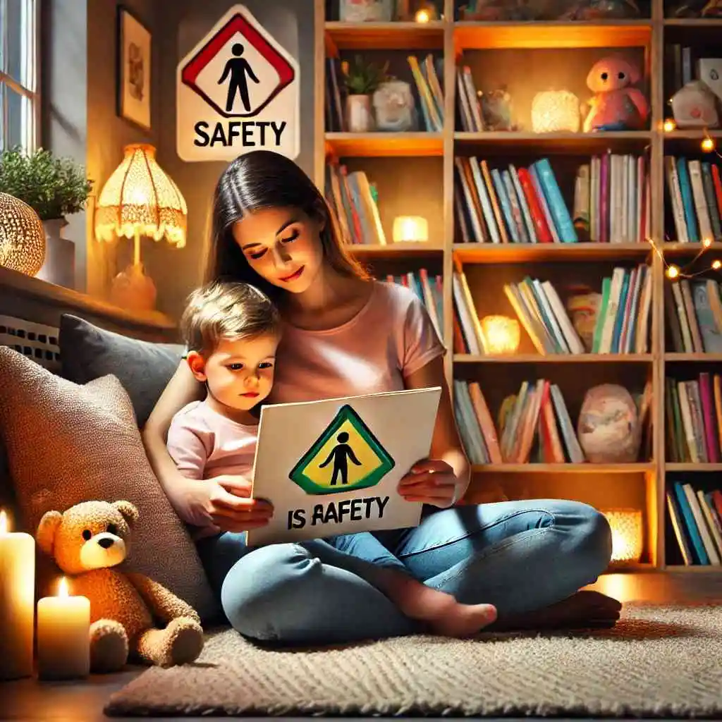 Parent and child reading a safety-themed storybook in a reading nook.