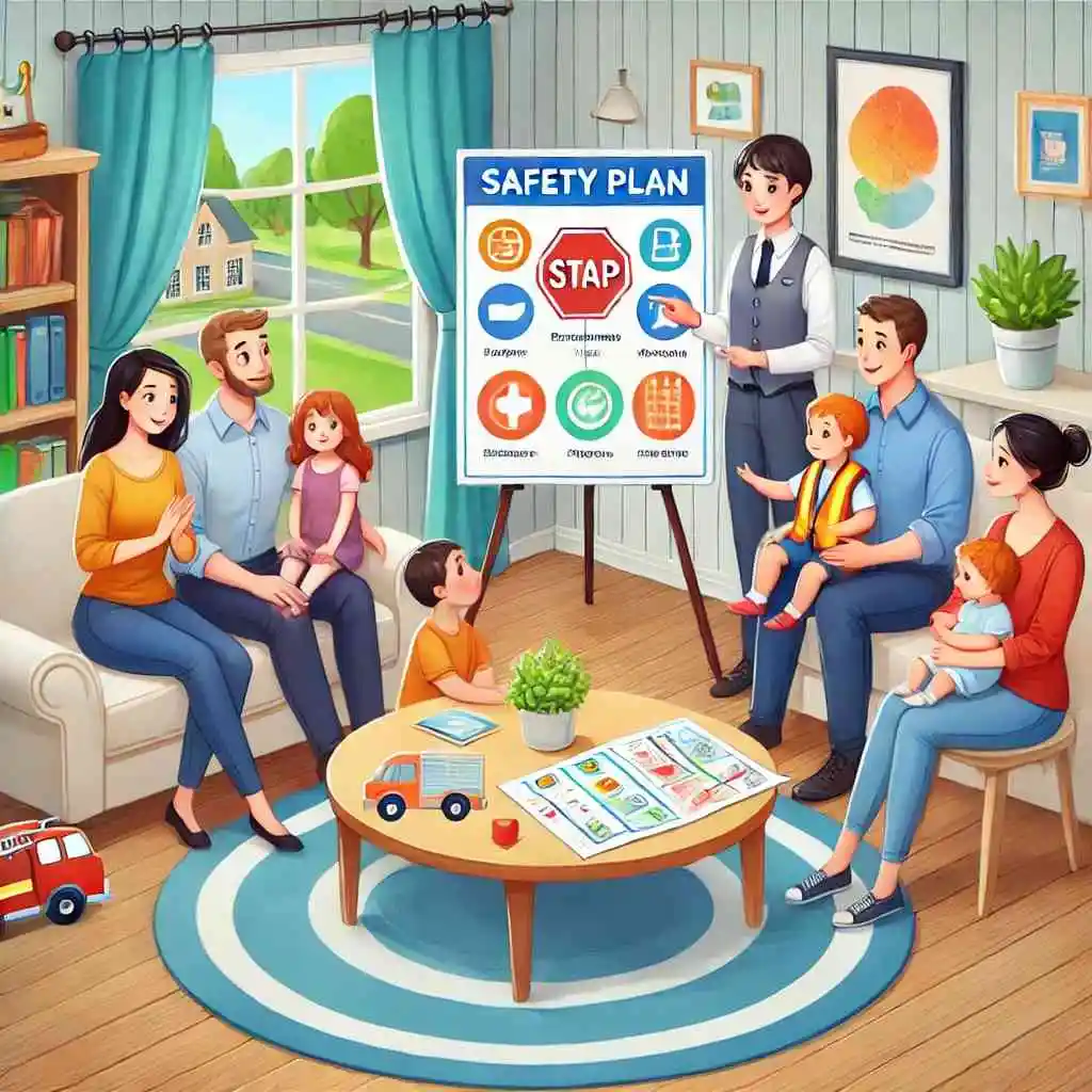 Family discussing safety plans with a colorful chart and interactive materials.