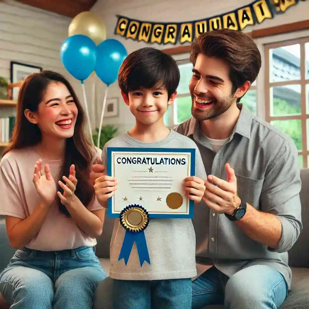 A family celebrating a child's achievement at home, with the child holding a certificate.