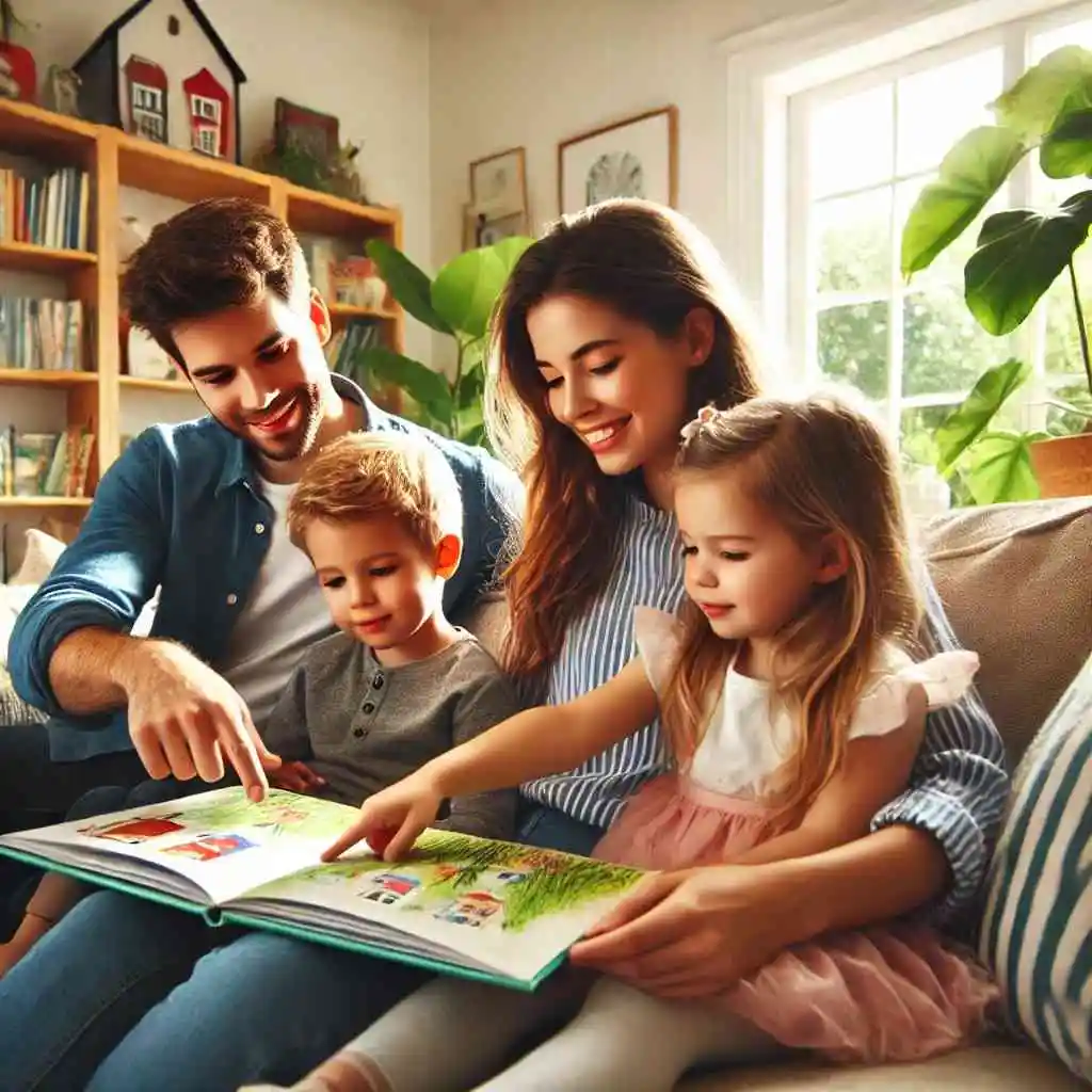 Family reading a picture book together on a bright and cheerful couch