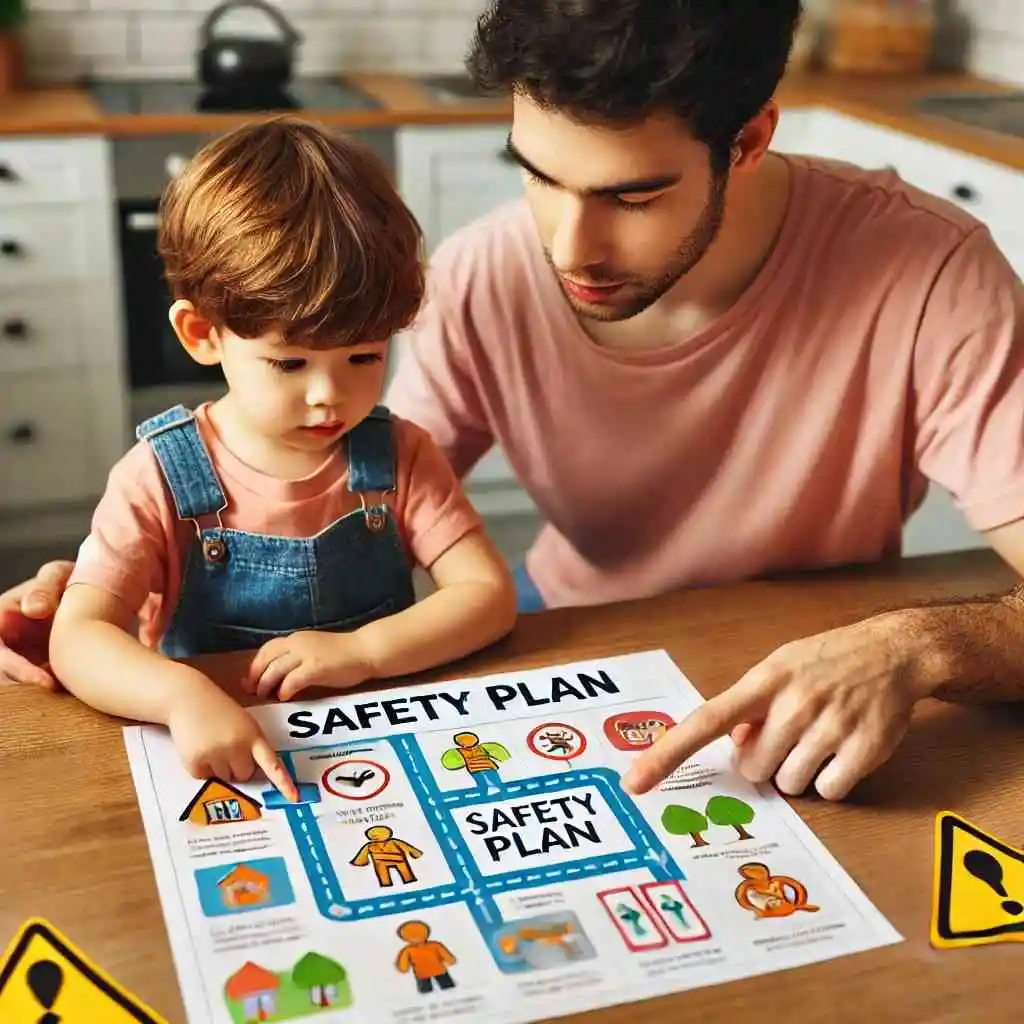 Parent and child reviewing a safety plan together