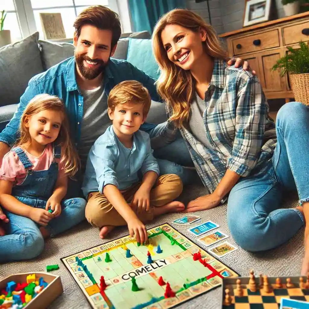 Family playing a board game in the living room with a warm atmosphere