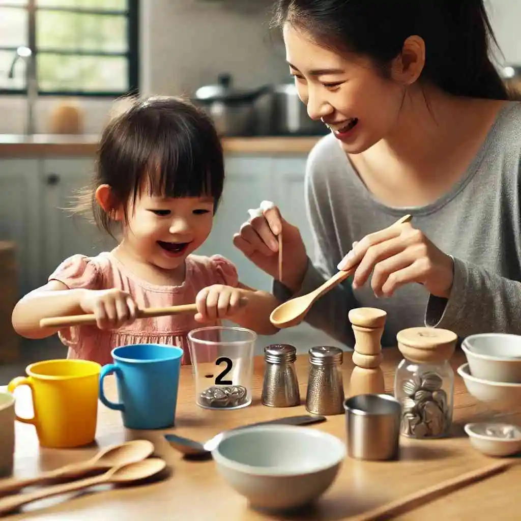 Child and parent sorting and counting kitchen utensils like cups and spoons