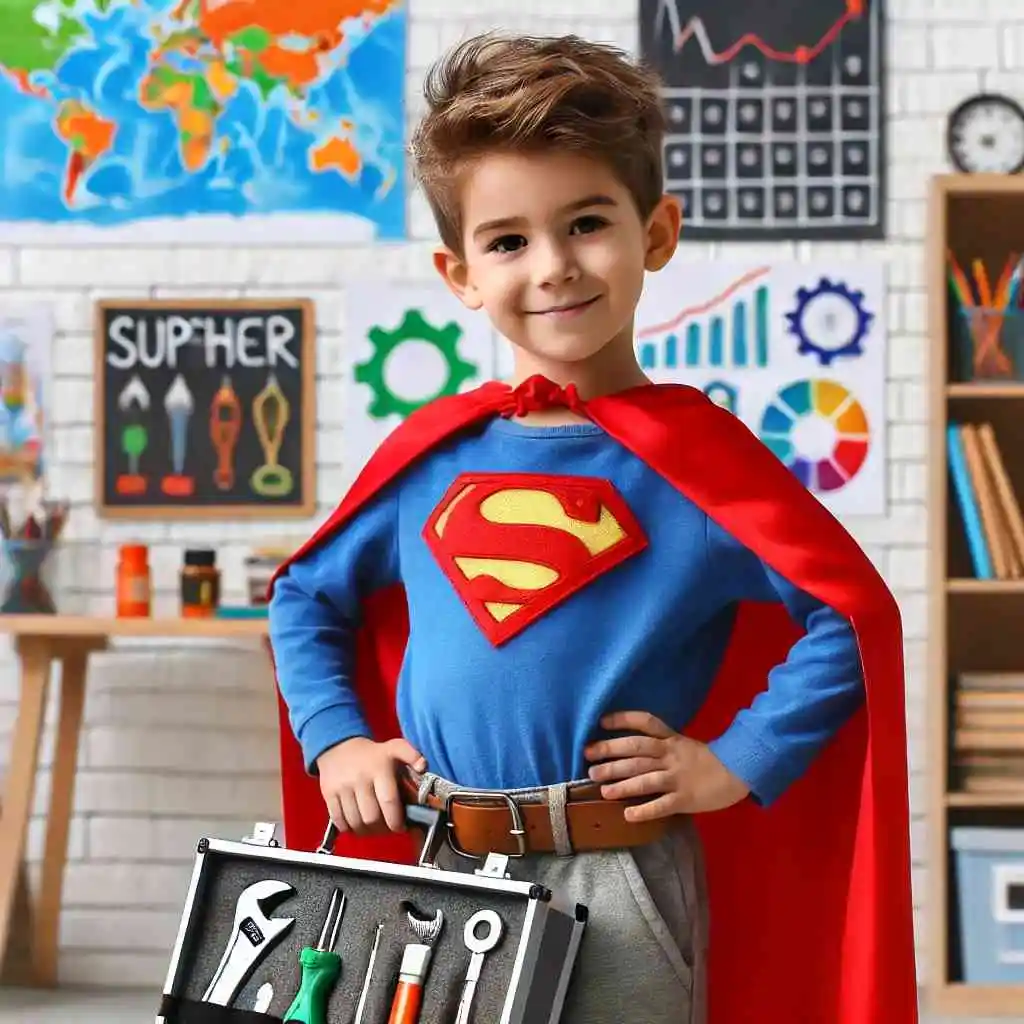 Child superhero holding a toolkit in an educational room.