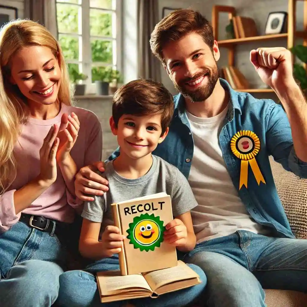 Family celebrating child's reading achievement